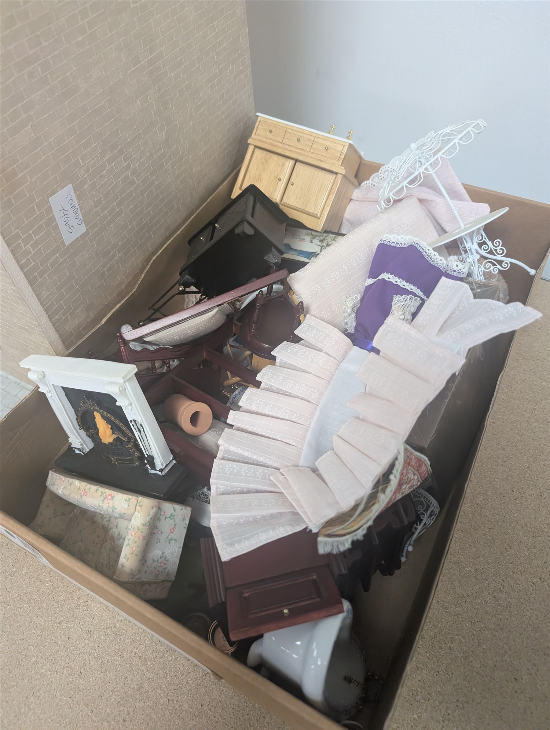 Two storey modern dolls house, with a collection of dolls house furniture and accessories, dolls house H66cm