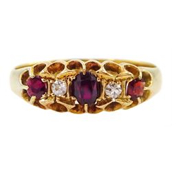 Victorian 22ct gold five stone ruby and diamond ring, Birmingham 1899