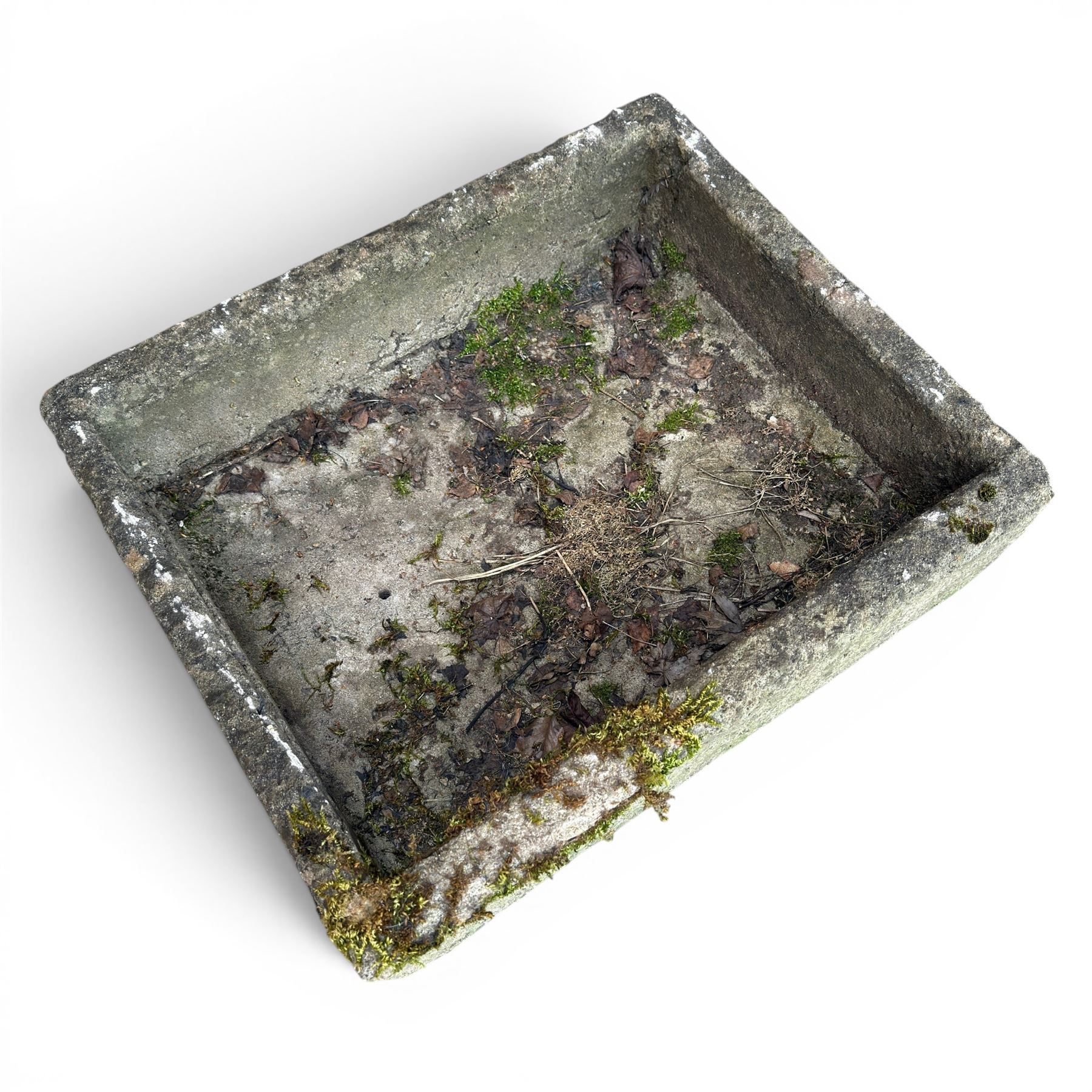 Three weathered composite stone rectangular planters, shallow form