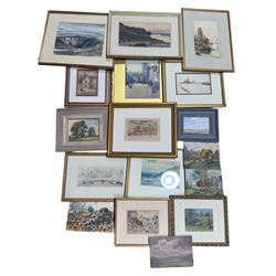 Collection of mostly watercolours, variously signed, artists to include Tom Anderton, Walter Henry Sweet, James Robertson Miller, Percy Hipkiss, J B Donaldson, Phil Smith and others indistinctly signed, contents in one box 