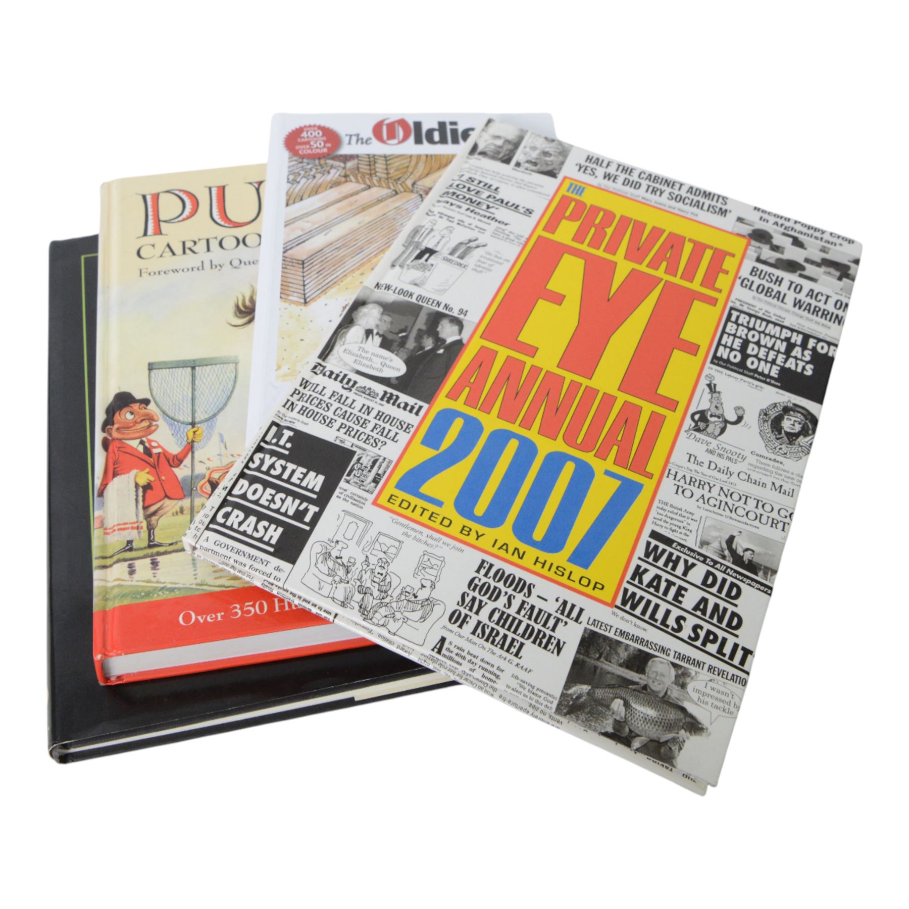 Collection of political humour and caricature books, including signed copy of Hard Times by Peter Brooke, Punch Cartoons on Colour, The Very Best of The Oldie Cartoons, etc