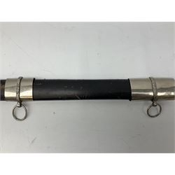 Reproduction Scottish basket hilted broadsword with 85cm double edged steel blade and red lined basket hilt with wire bound grip, in white metal mounted leather scabbard 107cm overall