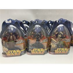 Star Wars - thirty-four Hasbro 2005 'Revenge of the Sith' carded action figures; nos.3,4,6 x 2, 8, 15, 16, 17, 20, 22, 24, 33, 34, 37 x 2, 38 x 2, 39, 43, 46, 51, 52, 53, 54, 57, 62, 63, 68, 1 of 4, 2 of 4, 3 of 4, 4 of 4, Holographic Emperor and Emperor Palatine; all unopened