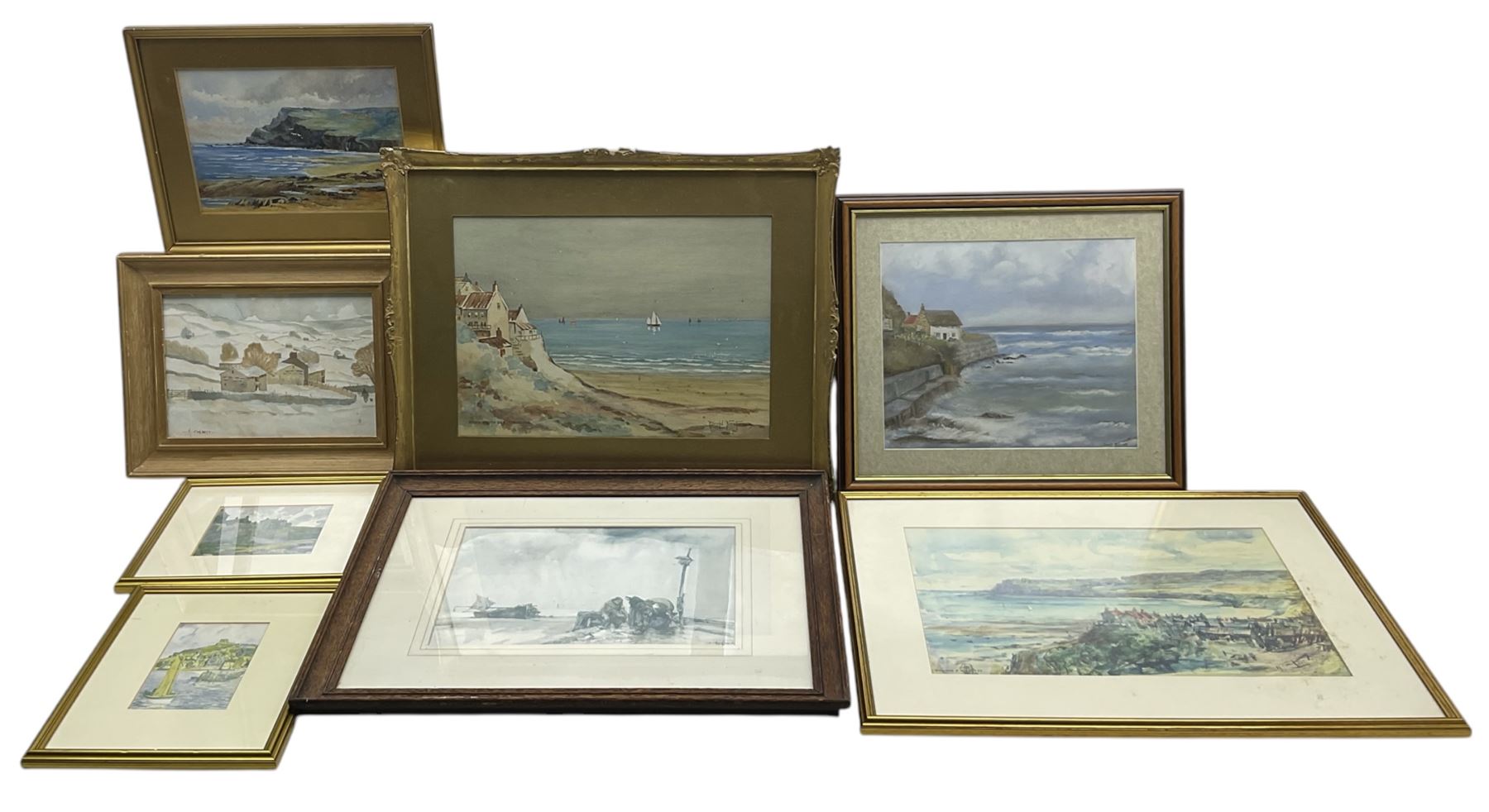 Three original watercolours, mostly local scenes, signed E M Rose, H Corbett, Harold Newton, Geoff Barrett, various prints including Rowland Henry Hill (8)