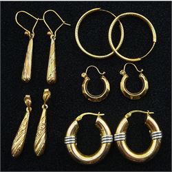 Three pairs of gold hoop earrings and two other pairs of pendant earrings, all 9ct hallmarked or tested, approx 7.9gm