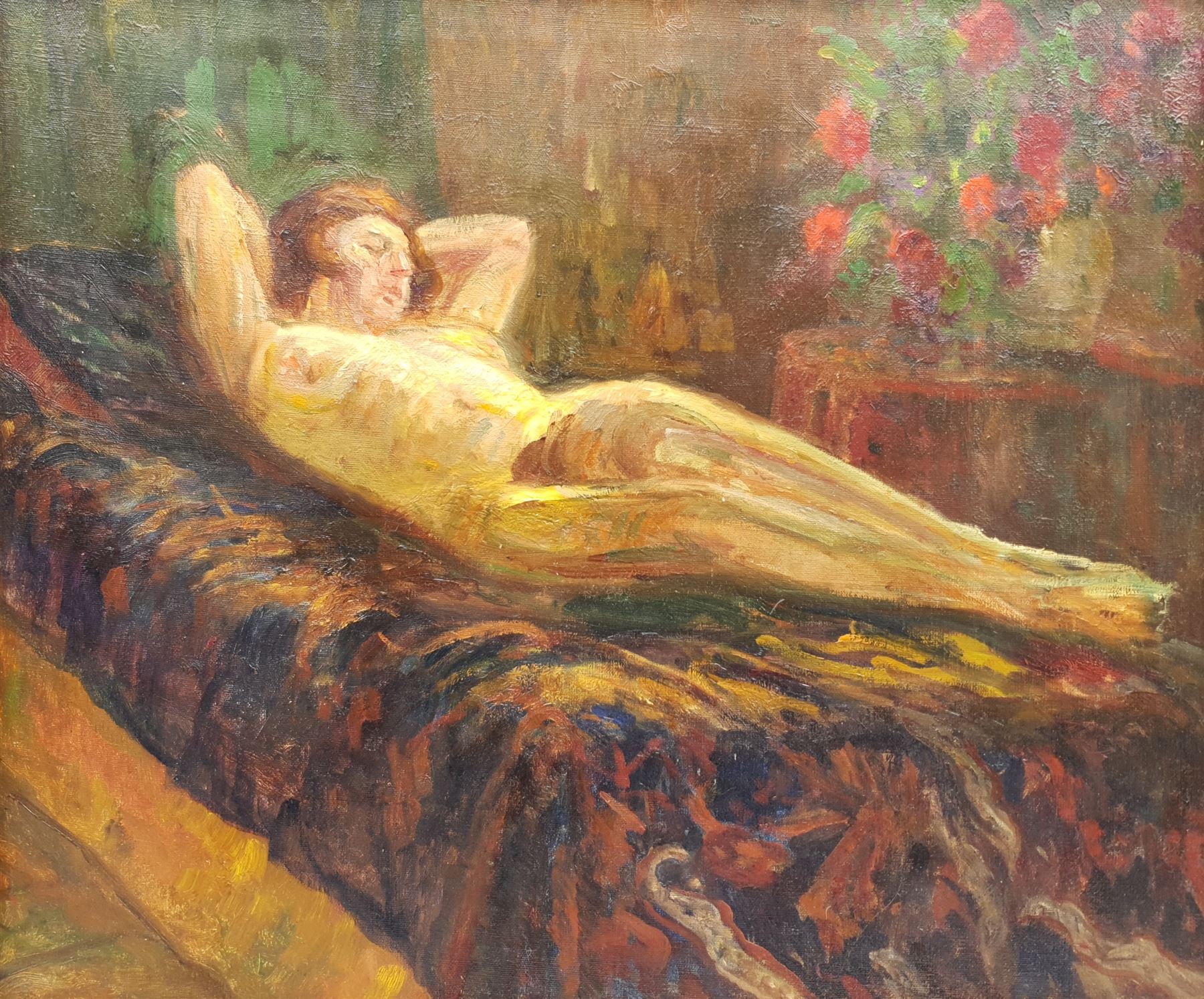 Circle of Roderic O'Conor (Irish 1860-1940): Reclining Nude with Vase of Roses, oil on canvas unsigned 53cm x 63cm