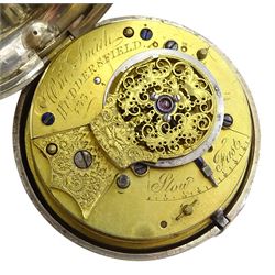 Victorian silver pair cased pocket watch by William Smith, Huddersfield, No. 533, round pillars, pierced and engraved balance cock decorated with a mask, cream enamel dial with Roman numerals, case by Vale & Rotherham, Birmingham 1835