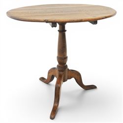 Georgian oak tripod table, plank top with visible dowels with turned baluster column, raised on cabriole supports