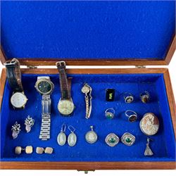 Victorian 15ct gold and enamel locket converted to a brooch, 9ct gold and silver paste ring, silver jewellery including chain and moss agate ring and a collection of costume jewellery