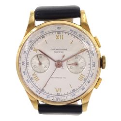 Chronographe Suisse gentleman's 18ct gold manual wind chronograph wristwatch, circa 1950, silvered dial with Roman numerals hour markers, subsidiary dials at 3 and 9 for seconds and 30 minute recording, stamped 18K 750 with Helvetia hallmark, on black leather strap