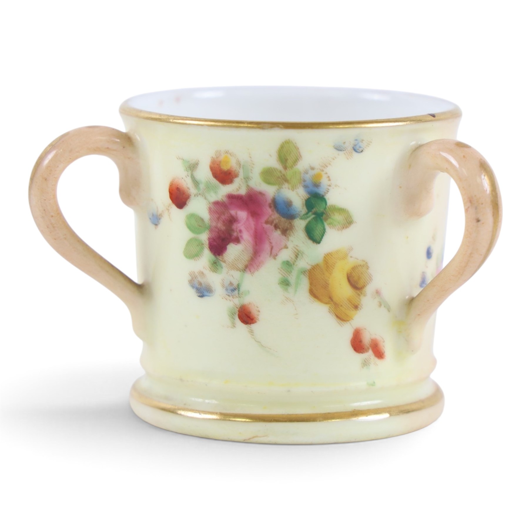 Royal Worcester blush ivory, including miniature teapot, two miniature tygs, two teacups and saucer and three miniature plates, teapot H8cm