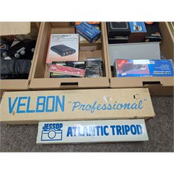 Large collection of photography equipment, including two video cameras JVC and a Panasonic 3CCD, tripods, filters, photograph paper, developing equipment, Dalite projector screen, etc, some boxed some empty boxes, and a Midgard Pocket Microscope