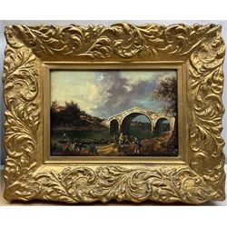 A Shafie B (Continental 19th/20th century) after Canaletto (Italian 1697-1768): 'Eton College' and Bridge Landscape with Figures and Gondolier, pair oils on panel signed 16cm x 24cm (2)