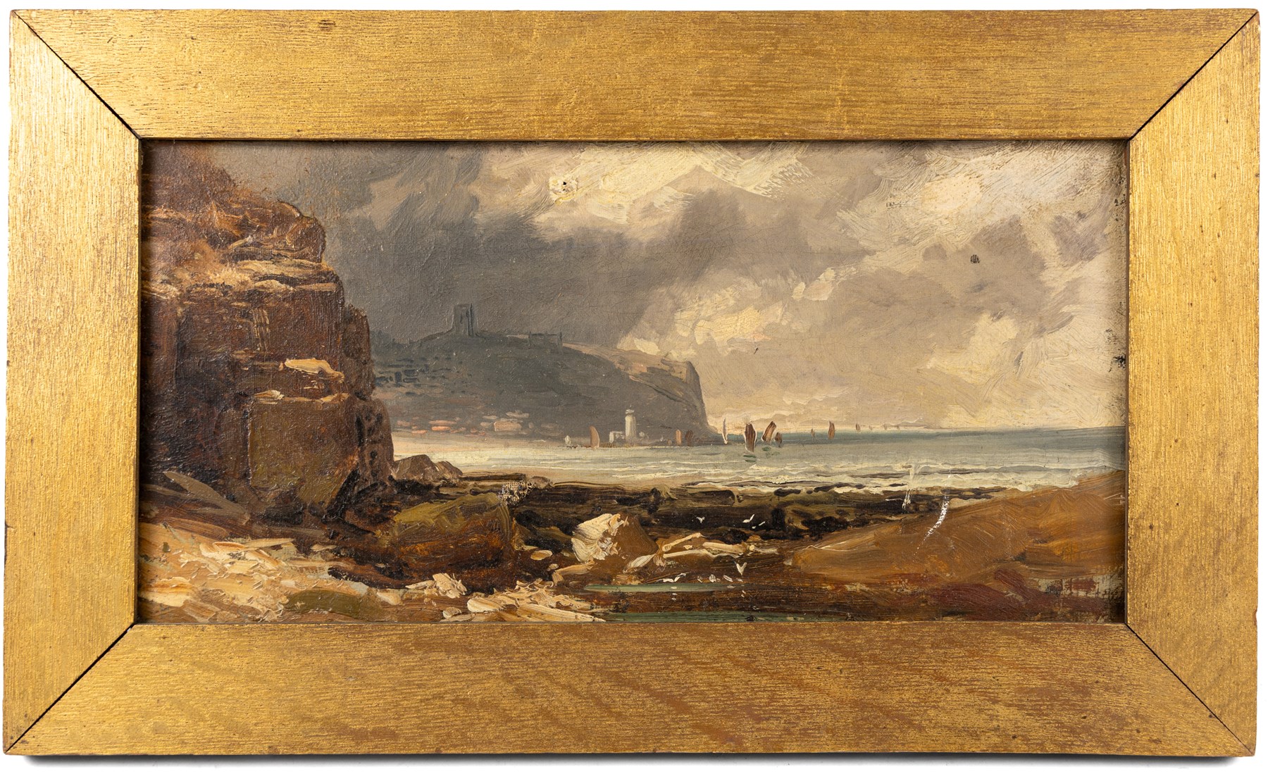 Robert Ernest Roe (British 1852-1921): View of Scarborough Castle, oil on canvas unsigned 19.5cm x 40cm