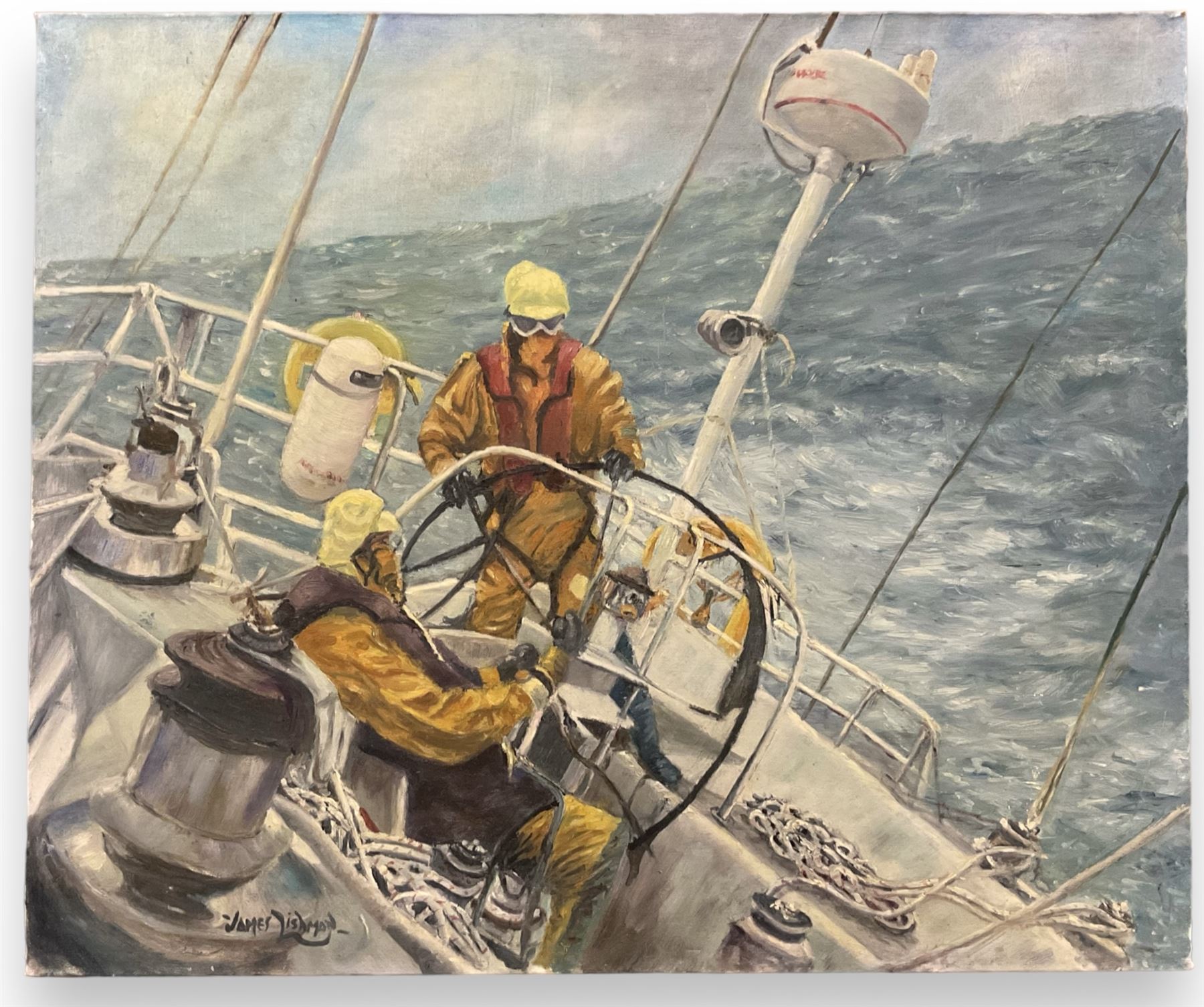 James Lishman (British 1931-2024): 'Pit Stop - Damon Hill World Formula 1 Champion 1996' and 'Rounding the Horn', two oils on canvas signed, titled and dated '97 verso 66cm x 79cm (2) (unframed)