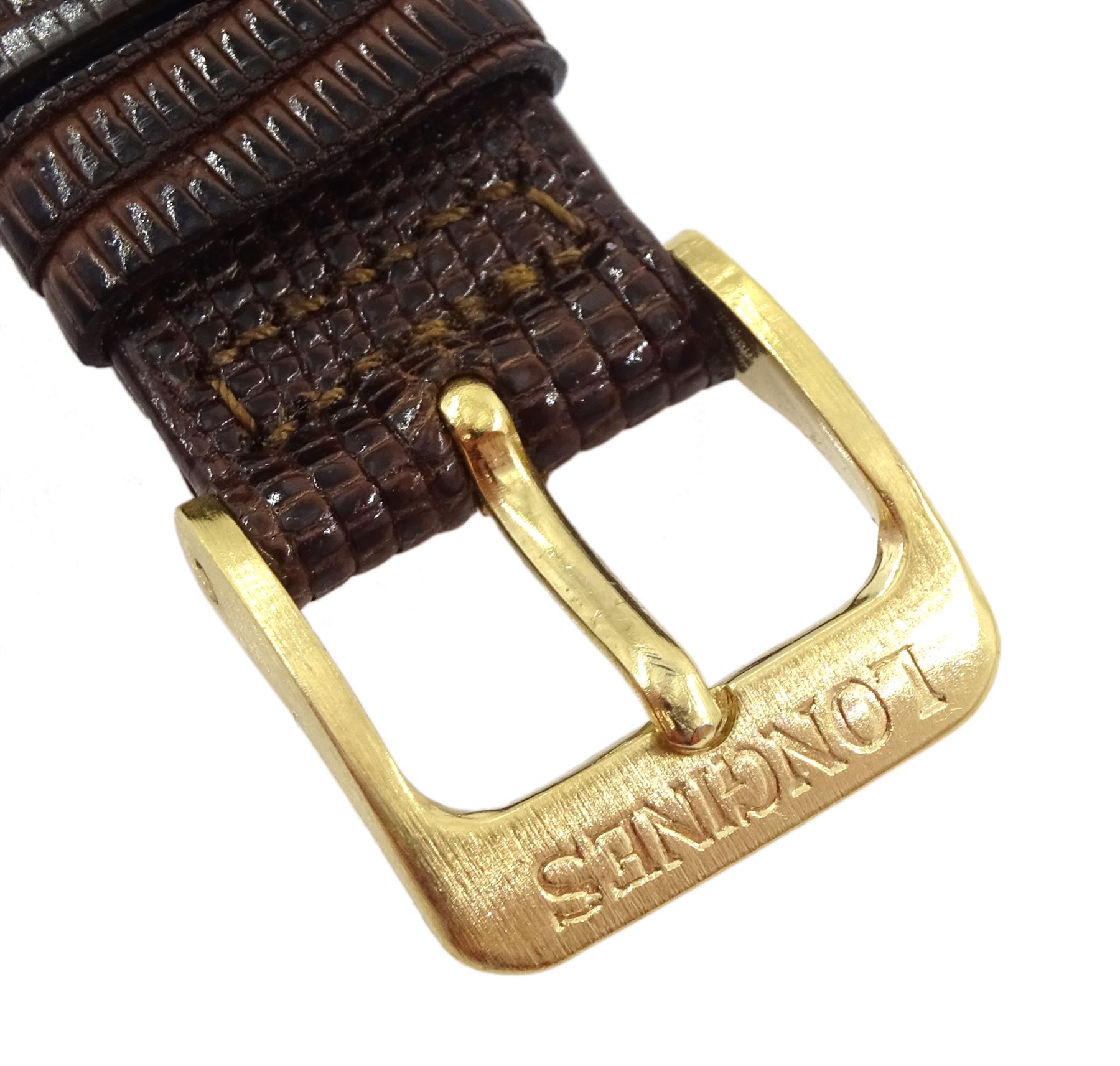 Longines Admiral gentleman's 18ct gold automatic presentation wristwatch, gilt dial with date aperture, stamped 18K, on brown leather strap with Longines buckle and additional Longines black strap and buckle, boxed