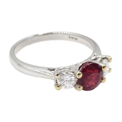 18ct white gold three stone ruby and diamond ring, hallmarked, ruby approx 0.95 carat