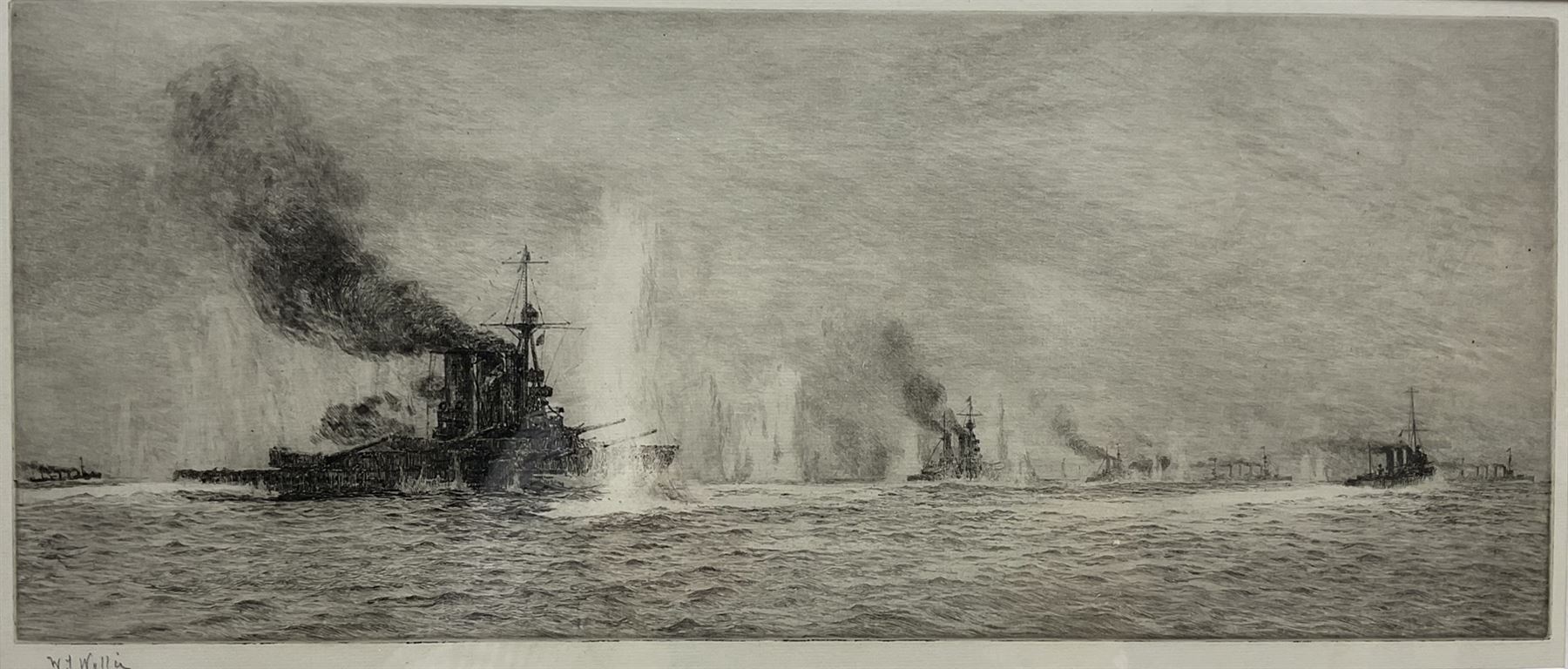 William Lionel Wyllie (British 1851-1931): 'HMS Tiger at Jutland', drypoint etching signed in pencil, titled on the mount 19cm x 44cm 
Notes: this picture depicts the British warships Tiger, Princess Royal, Lion, Warrior, and Defence in action at the Battle of Jutland on 31st May 1916, shortly before the Defence was sunk.