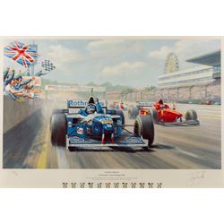 After Gerald Davison Coulson (British 1926-2012): ‘The Flying Scotsman’ and ‘Damon’s First – Hungary 1993’, together with Alan Fearnley (Yorkshire 1942-): ‘Alan Jones’ and Tony Smith (British 20th Century): ‘Damon’s Dream’, set of four limited edition Formula 1 themed prints signed and two signed by drivers David Coulthard and Alan Jones in pencil max 40cm x 61cm (4)
