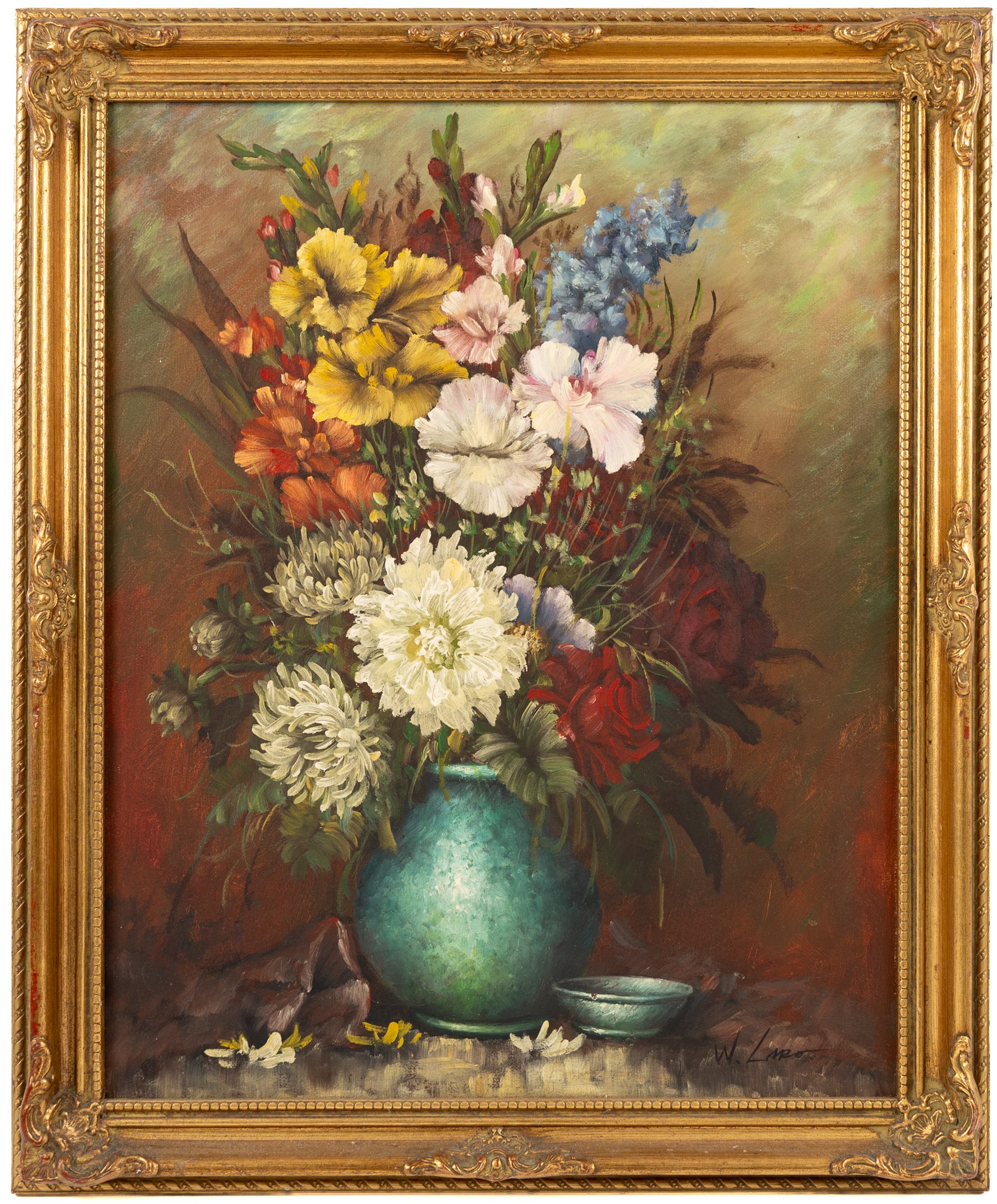 English School (20th century): Still Life with Chrysanthemums, oil on canvas signed W Laro 49.5cm x 39.5cm