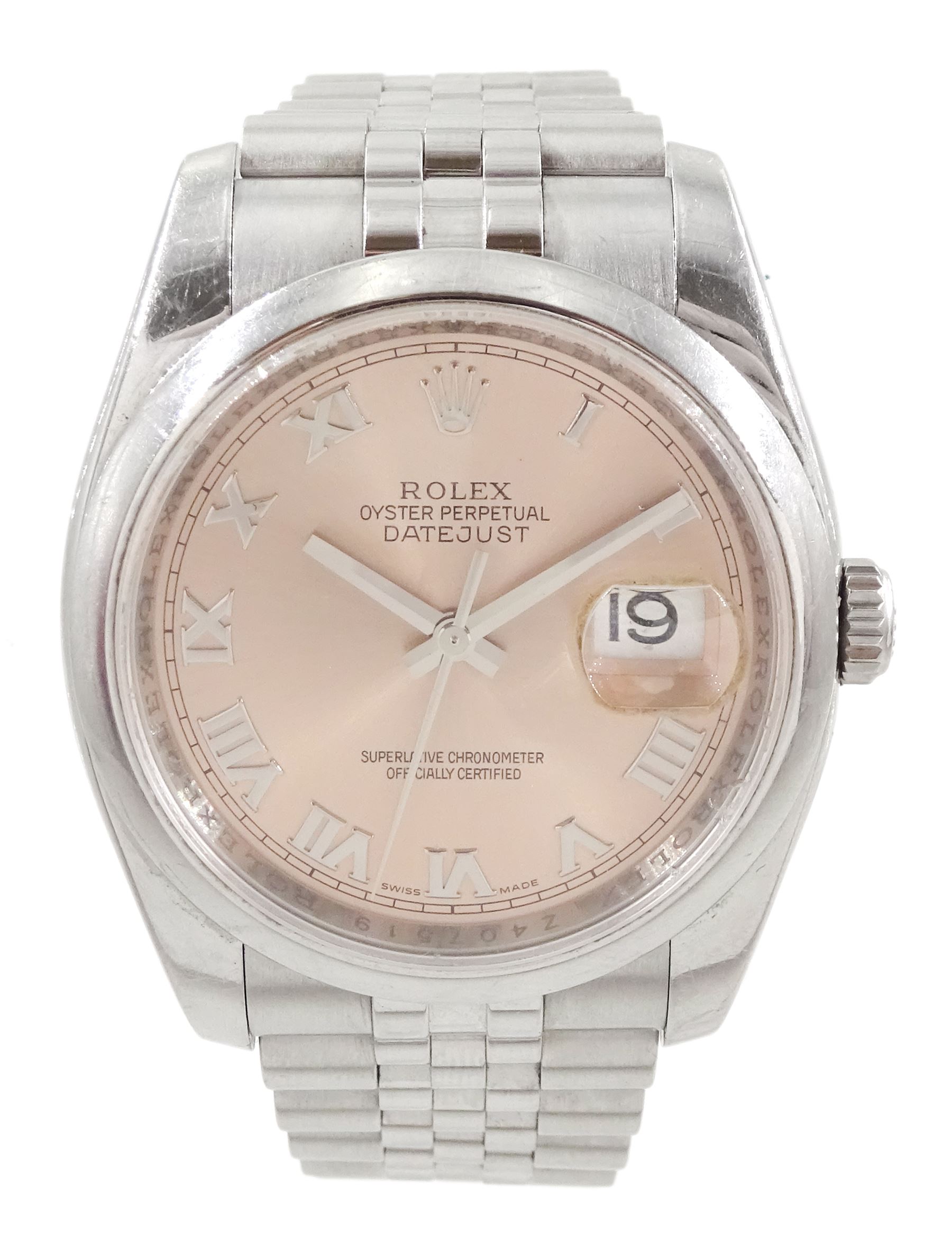 Rolex Oyster Perpetual Datejust gentleman's stainless steel automatic wristwatch, circa 2006 / 2007, Ref. 116200, serial No. Z407519, salmon pink dial with Roman numerals, on Rolex Jubilee bracelet with fold-over clasp, boxed with papers