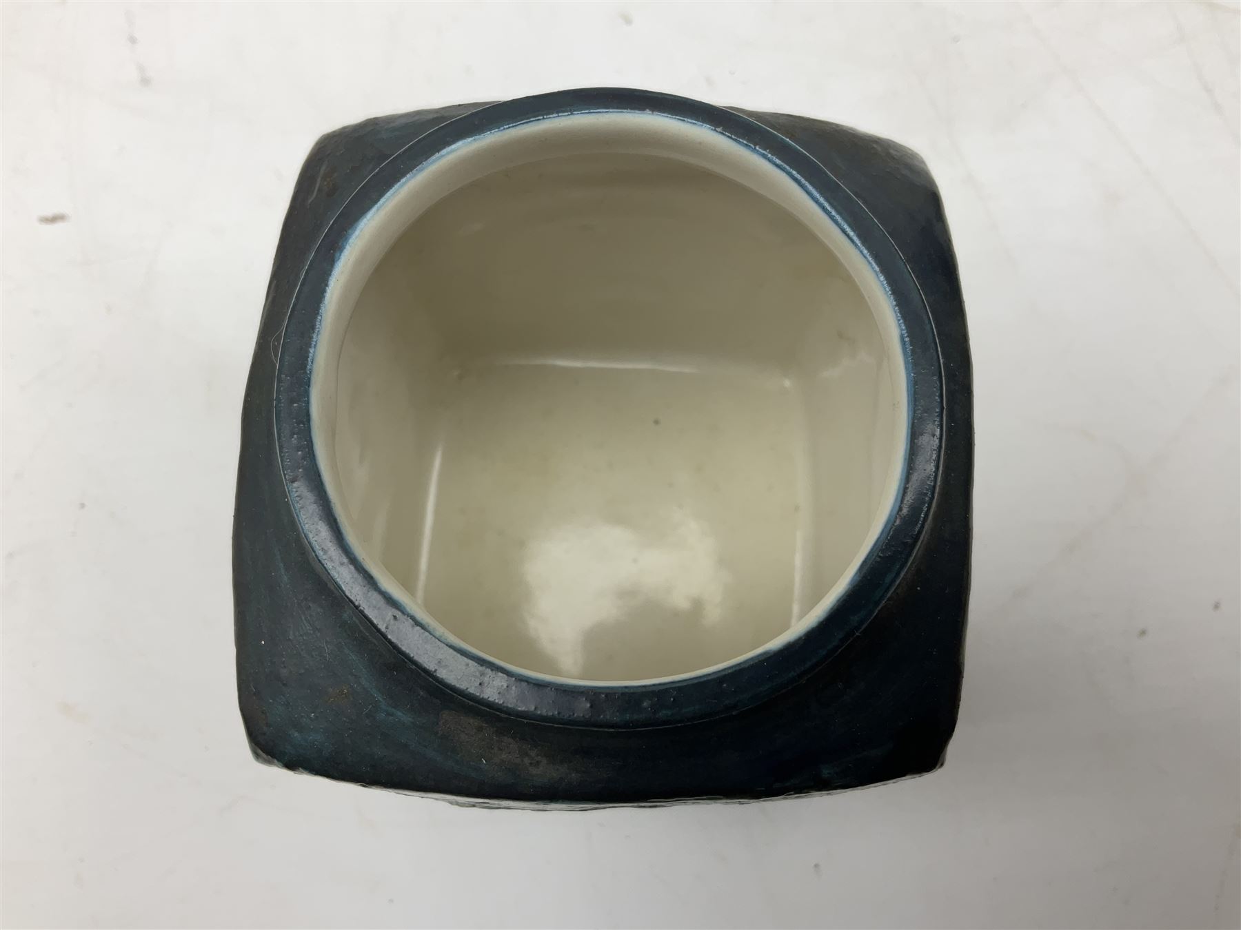 Troika cube vase, designed by Sally Bart, with a geometric design, with painted marks to base, H9.5cm.