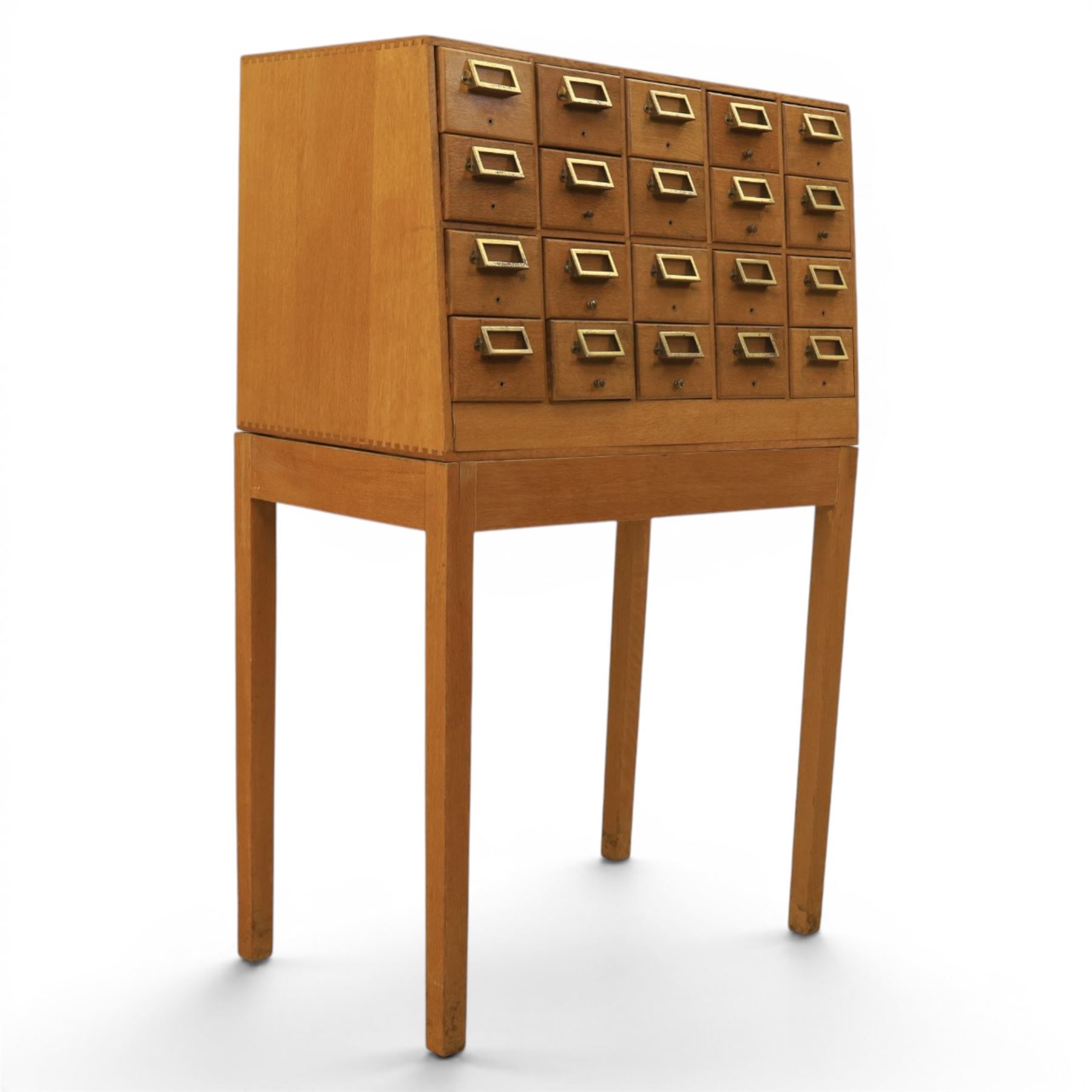 Mid-20th century card index bank of twenty drawers on stand