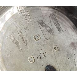 George III silver pair cased verge fusee pocket watch by David Crawford, Newcastle, No. 671, square baluster pillars, pierced and engraved balance cock, enamel polychrome dial depicting a figure fishing by a bridge, Roman hours and Arabic outer minute ring, beetle and poker hands, bull's eye glass, case markers mark D.P, London 1771