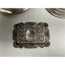 Silver art nouveau pin dish, together with a silver plated biscuit barrel and wine cooler  