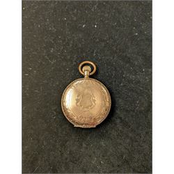 Waltham USA gold plated full hunter pocket watch, the white enamel dial with subsidiary seconds dial, the front cover engraved and embossed with blank cartouche in a floral border, the back cover engraved with stag