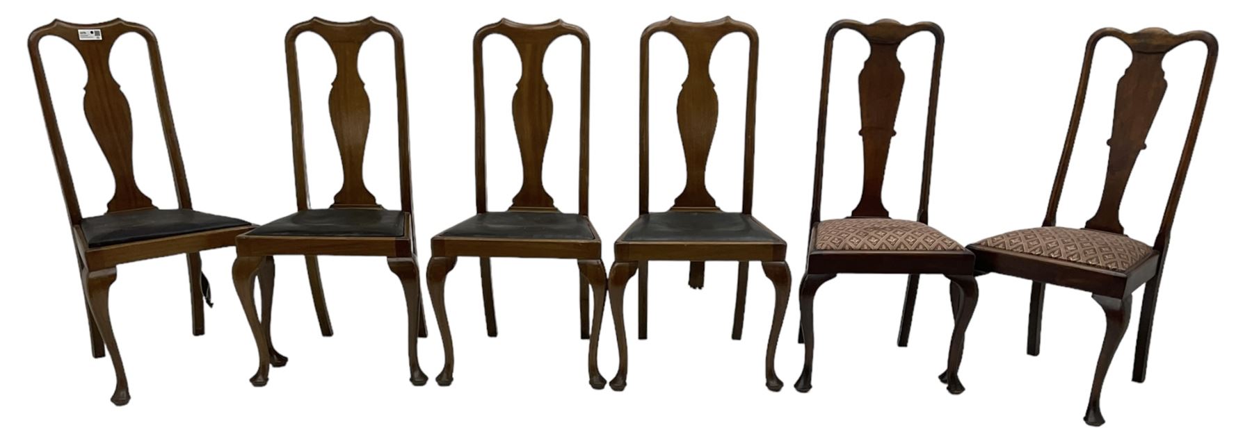 Matched set of fourteen early 20th century mahogany dining chairs, shaped cresting rail over shaped splat, upholstered drop-in seat, on cabriole front supports 
