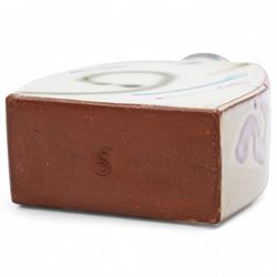 Philip Leach (British 1947-) for Springfield Pottery slab vase, of squat form, the white ground decorated with geometric pink, blue and green sprays, impressed mark to base H14cm 