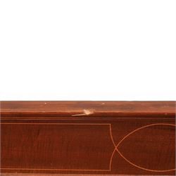 Edwardian mahogany and satinwood sideboard, shaped top with galleried back, with freize drawer flanked by two cabinets, united by undertier, raised on square tapering supports terminating in spade feet
