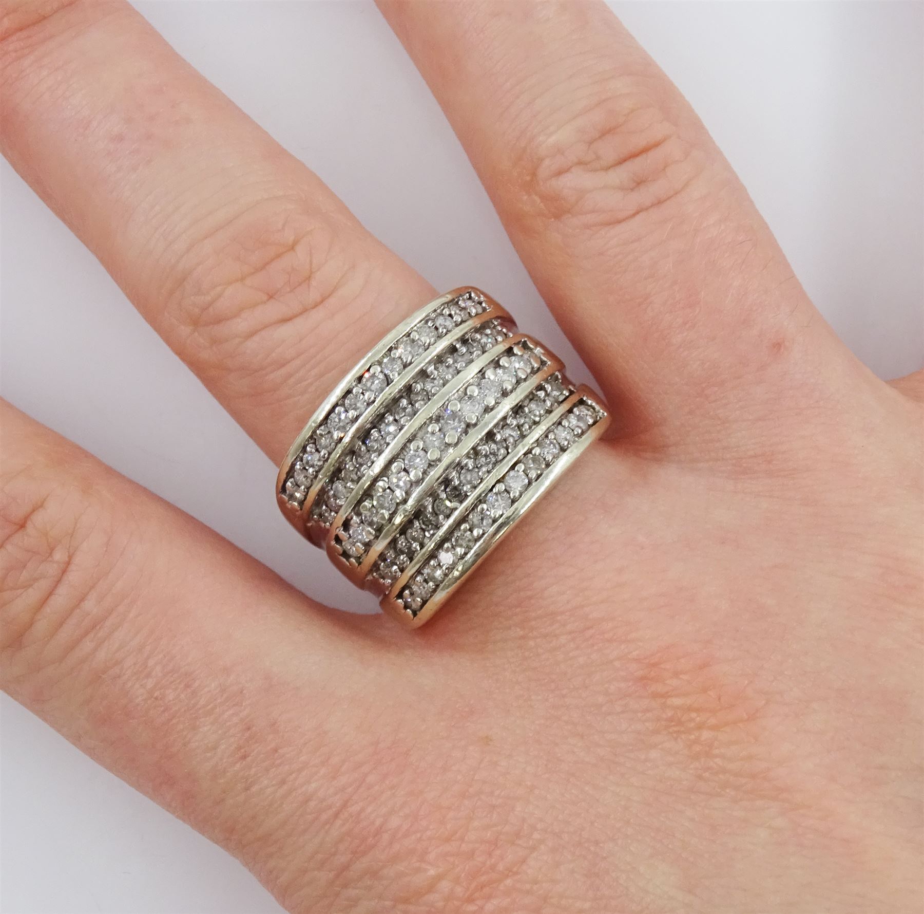9ct gold five row round brilliant cut diamond half eternity ring, hallmarked, total diamond weight 1.00 carat