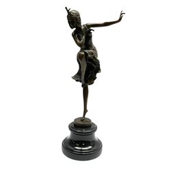 Art Deco style bronze figure of a dancer after 'Chiparus' on socle base, H39cm overall