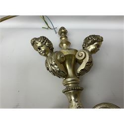 Siz branch silvered chandelier, decorated with acanthus leaves and putti, together with two matching three branch wall sconces, chandelier D65cm