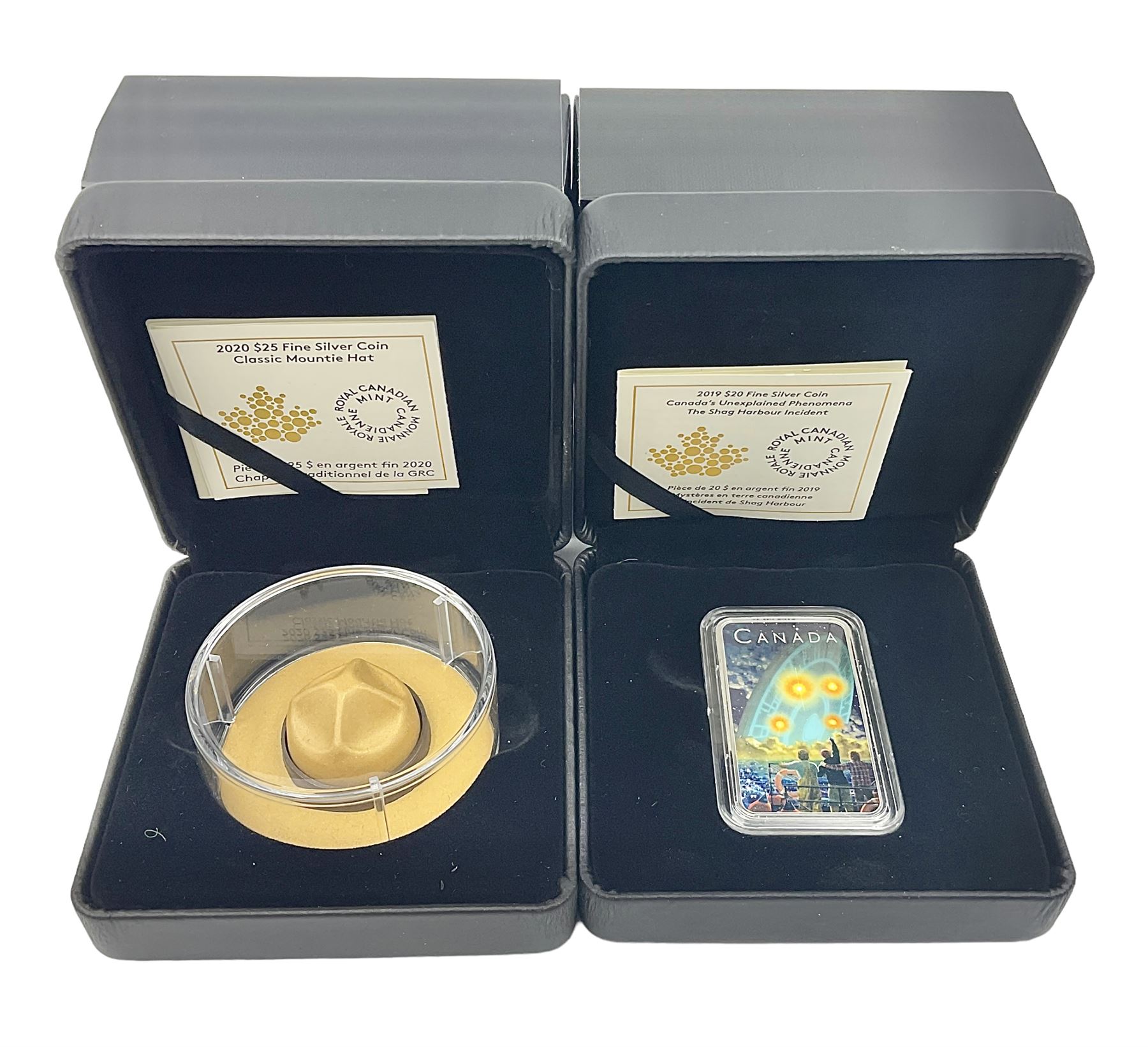 Royal Canadian Mint 2019 'Canada's Unexplained Phenomena The Shag Harbour Incident' fine silver twenty dollar coin and 2020 'Classic Mountie Hat' fine silver twenty-five dollar coin, both cased with certificates