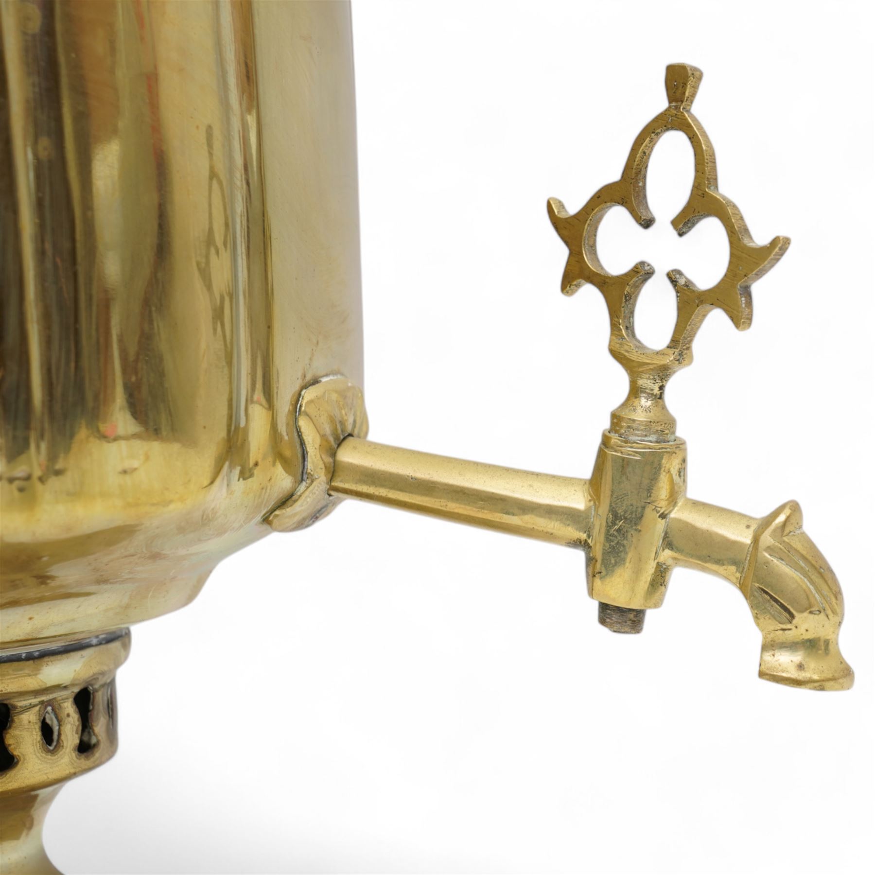 Russian brass Samovar, the twin handled body raised on square plinth, with integrated teapot, H53cm 