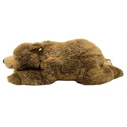Two large modern Steiff wild animals - recumbent lion No.0370/70. L108cm including tail; and recumbent grizzly bear No.069963 with red/yellow card tag. L81cm (2)