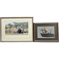 David Shepherd (British 1931-2017): 'Hot-Potami', limited edition colour print signed in pencil blindstamped and numbered 476/850 together with a signed racing print after Brunyee max 23cm x 40cm (2)
