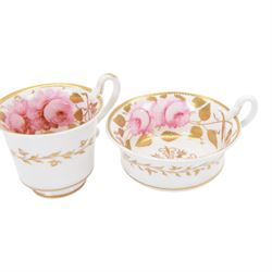 Minton trio, coffee cup, teacup and saucer, circa 1824, moulded ribbed detail, distinctive 'N' handle, painted in pattern no 139, with floral sprays and lilac blue band, coffee cup including handle H8cm, saucer D14cm, together with a Spode trio, coffee cup, teacup and saucer, circa 1830, decorated in the 3886 pattern, painted with pink cabbage roses and heightened with gilt, coffee cup including handle H8cm, saucer D15cm