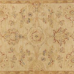 Cream ground wool rug, with faded floral medallion and scrolling foliate design, enclosed by matching floral border in beige, soft red and blue tones