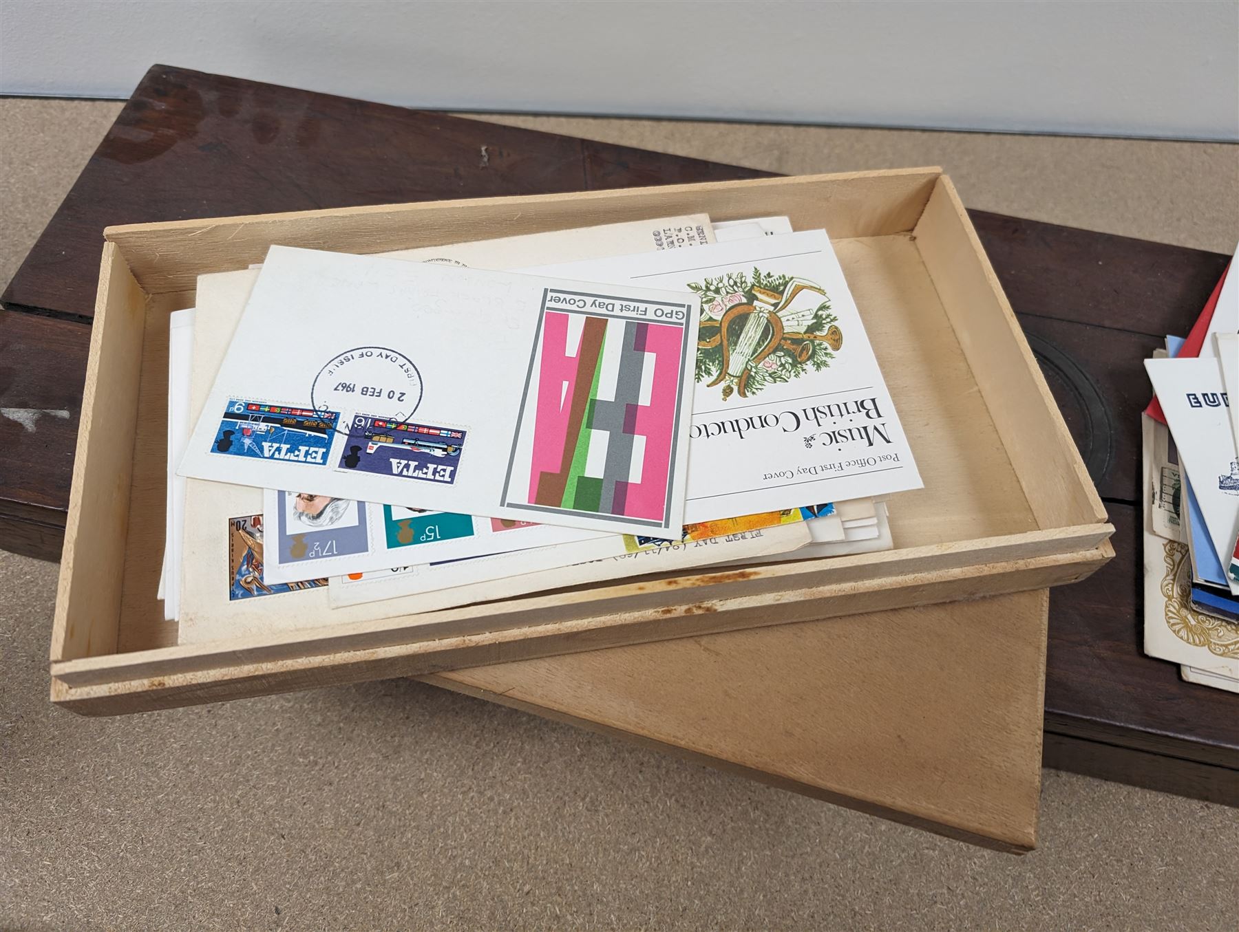 Staffordshire style Dick Turpin figure, wooden box, metal box, Rabone & Sons level, first day covers and other stamps