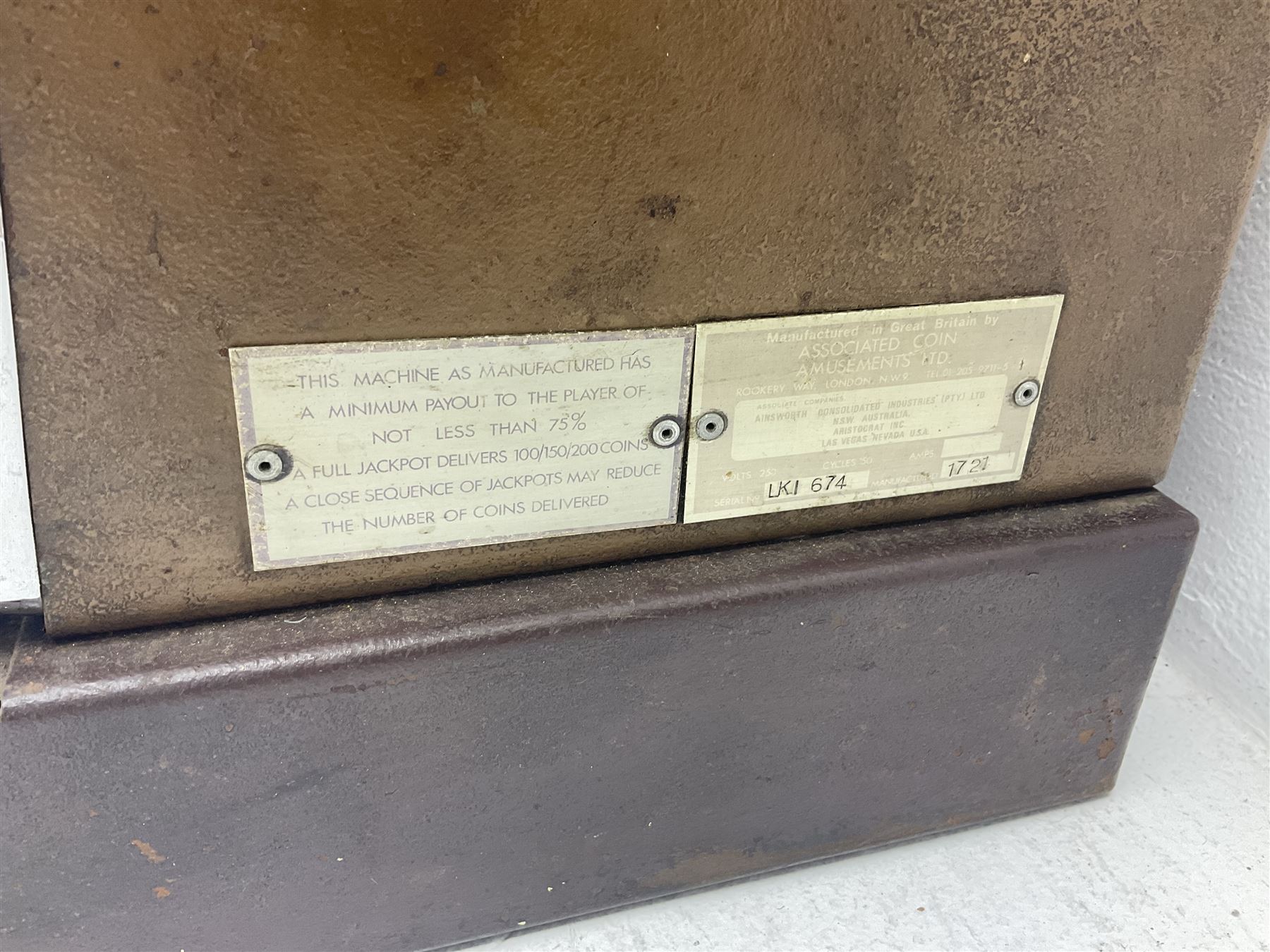 Aristocrat Nevada Lucky Strike one-armed bandit arcade machine, circa 1964, light-up display in aluminium and stainless steel case, with keys, H72cm 