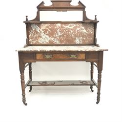 Victorian marble top washstand, raised shaped tile and mirror back, single drawers, turned supports joined by undertier, W108cm, H140cm, D52cm
