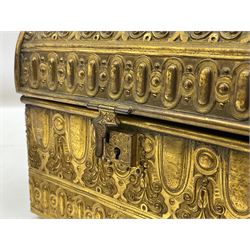 19th century brass repoussé perfume box, the ornately decorated casket with hinged domed cover lifting to reveal gold velvet lined interior containing three glass scent bottles, H14cm W15cm D7cm