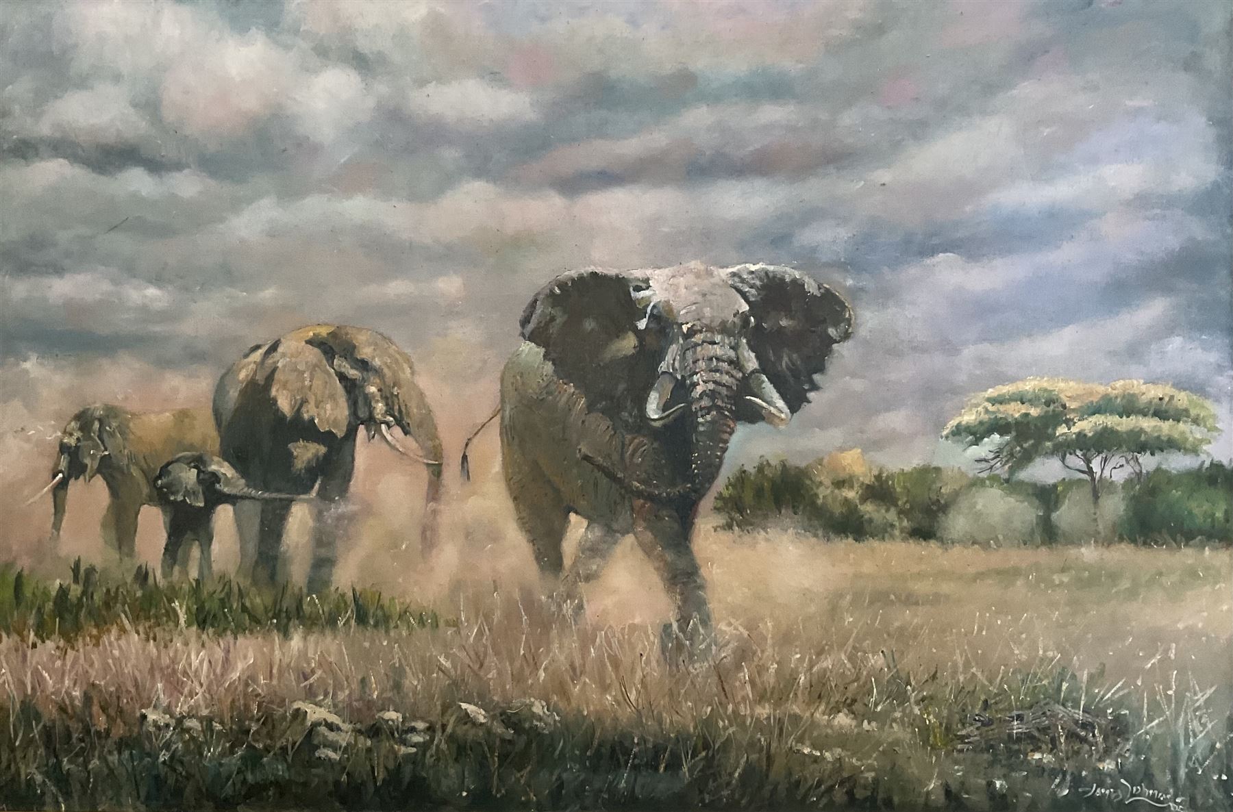 James Lishman (British 1931-2024): 'The Charge' Elephants, oil on board signed, titled verso 60cm x 90cm 