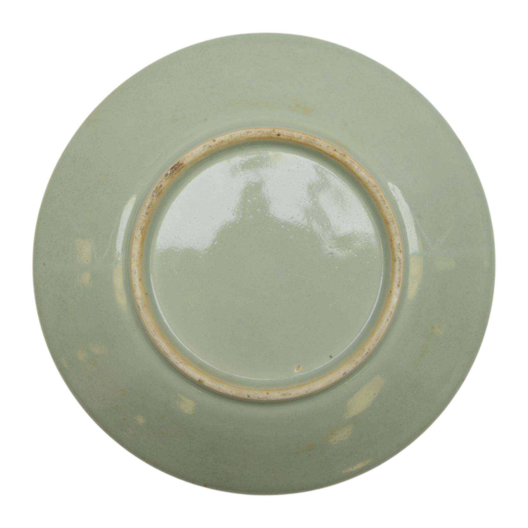 19th century Chinese Canton export celadon ground famille rose charger, of circular dished form decorated with a central panel of figures in a court setting, within a border of blossoms, birds and butterflies, D34.5cm