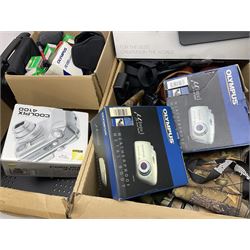 Rocwing photography studio lighting stands and shades, together with digital cameras and other camera equipment, in three boxes  