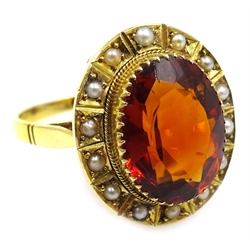  Gold oval orange citrine and seed pearl ring, stamped 9ct   